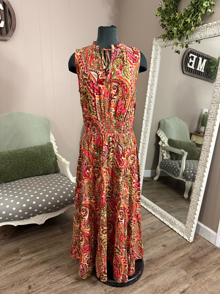 Msk Floral Tie Neck Tiered Maxi Dress